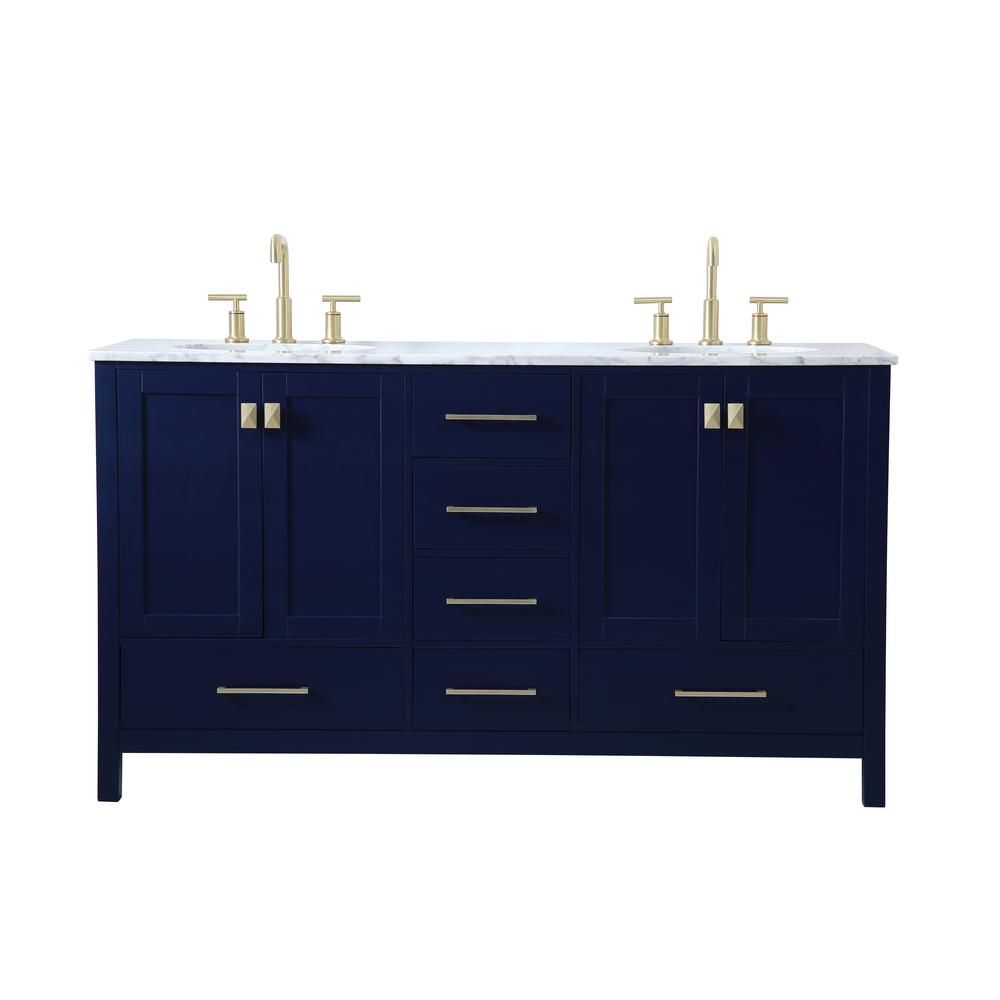 Timeless Home Kirk 60 in. W x 22 in. D x 34 in. H Double Bathroom Vanity in Blue with Carrara White  | The Home Depot