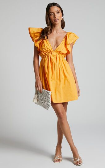 Raiza Mini Dress - Ruffle Sleeve Tie Back Plunge Dress in Marigold | Showpo (US, UK & Europe)