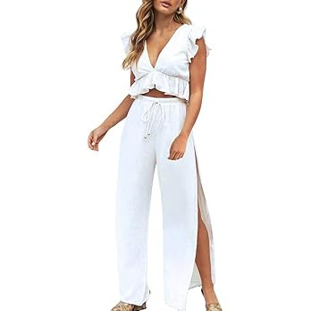 FANCYINN Womens 2 Pieces Outfits Deep V Neck Crop Top Side Slit Drawstring Wide Leg Pants Set Jum... | Amazon (US)
