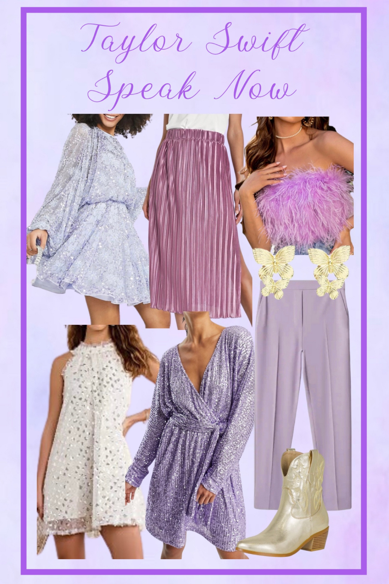 Taylor Swift concert outfits. Taylor Swift Eras Tour outfit ideas. Eras tour outfit inspiration. Speak Now outfits. Concert outfits. Purple sequin dress. Purple plisse metallic skirt. White sequin mini dress. Purple feather crop top. Lavender pants. Butterfly earrings. Gold cowboy boots. 
.
.
.
.
… #taylorswiftconcert #erastour 

#LTKstyletip #LTKunder100 #LTKFestival