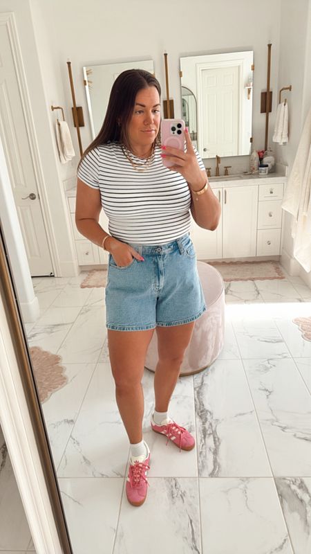 curvy casual every day summer look. wearing size large in stripe body size and size 32 in high rise dad short! 

#LTKFindsUnder100 #LTKSeasonal #LTKMidsize
