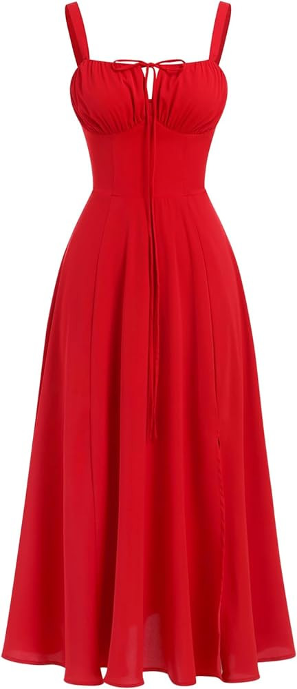 Women Floral Corset Dress Summer Dress 2024 Boho Flowy Slit Lace Up Midi Dresses Going Out A Line... | Amazon (US)