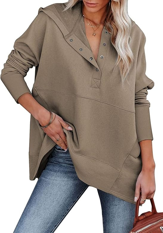 PAODIKUAI Women Casual Button Hoodies Oversized V Neck Long Sleeve Pullover Sweatshirt Hooded Top... | Amazon (US)