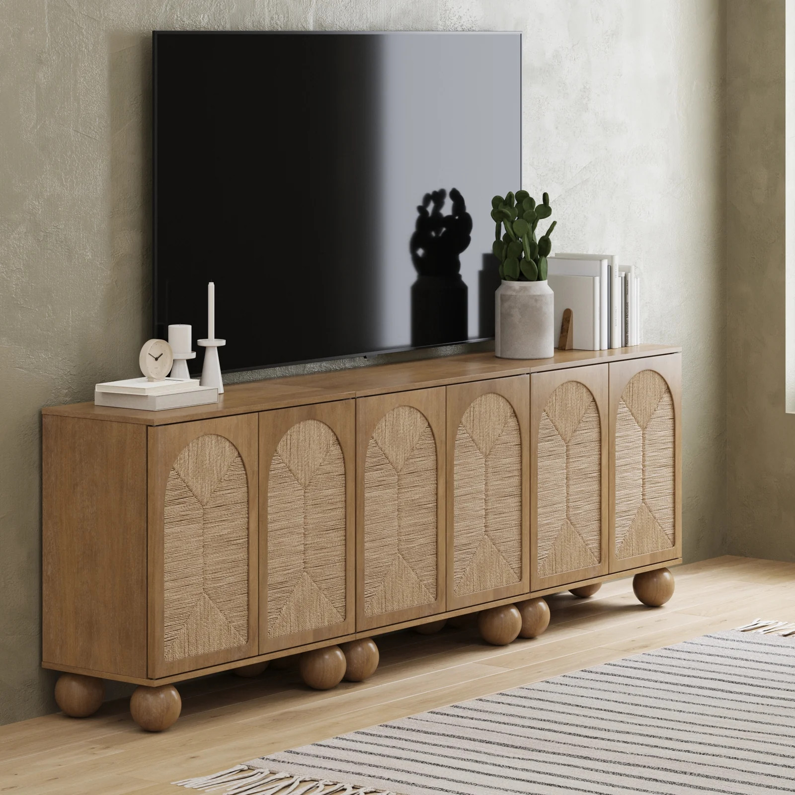 Seagrass Arched TV Console Credenza Light Brown (Set of 3) | Nathan James