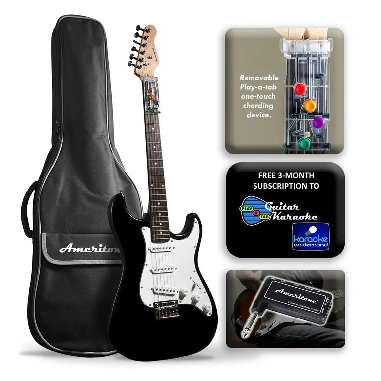 Ameritone "Learn to Play" Double Cutaway Black Electric Guitar with Play-A-Tab Chord Former, Head... | Walmart (US)