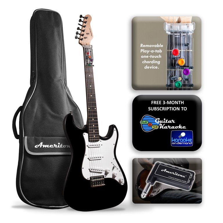 Ameritone "Learn to Play" Double Cutaway Black Electric Guitar with Play-A-Tab Chord Former, Head... | Walmart (US)