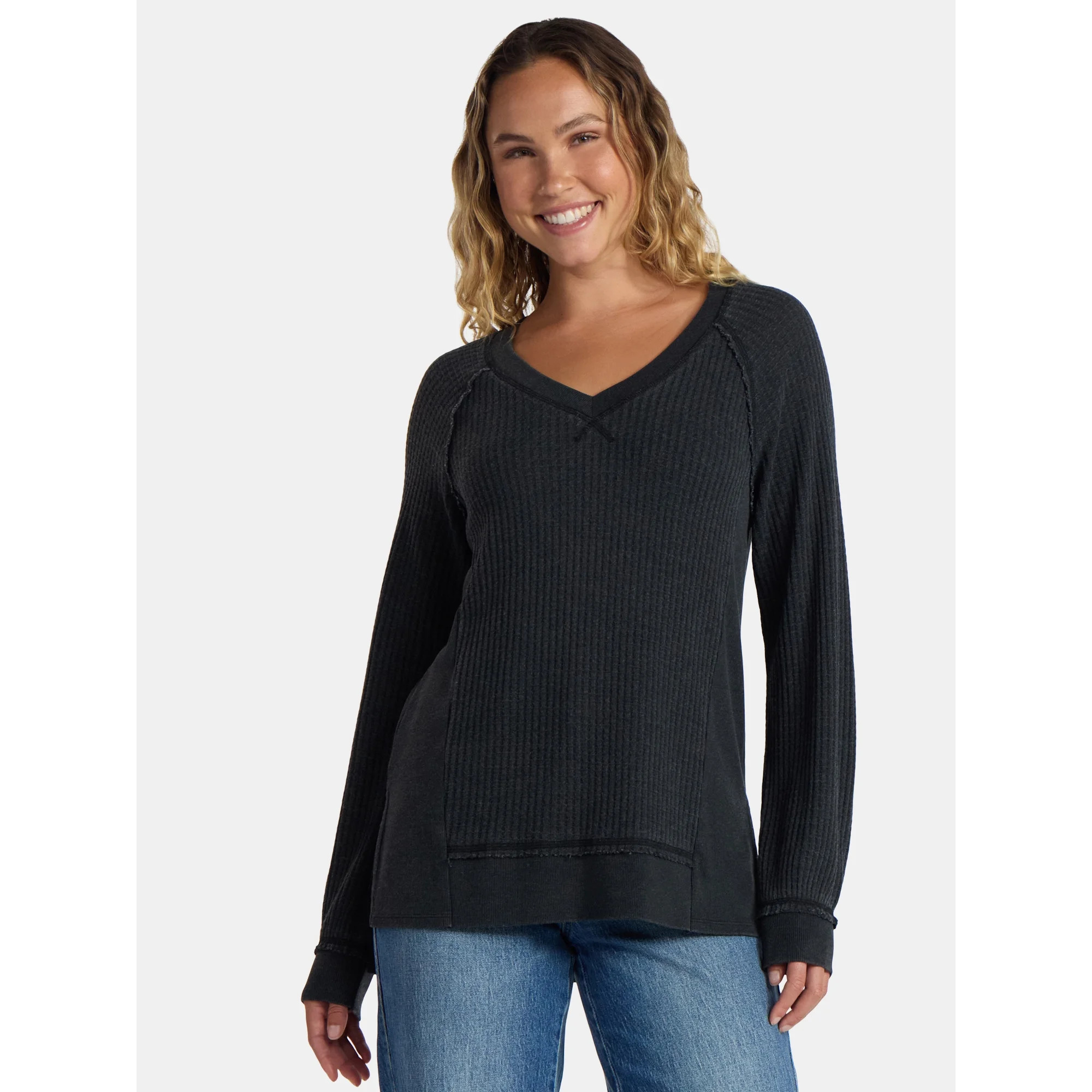 Time and Tru Women's and Women's Plus V Neck Tunic Sweatshirt with Long Sleeves, Sizes XS-4X | Walmart (US)