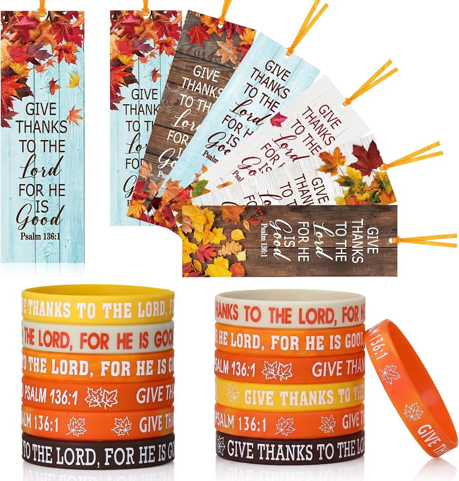 Dispowreath 60 Pcs Christian Thanksgiving Wristbands Psalm 136: 1 Bookmarks Set, Include 30 Autum... | Amazon (US)