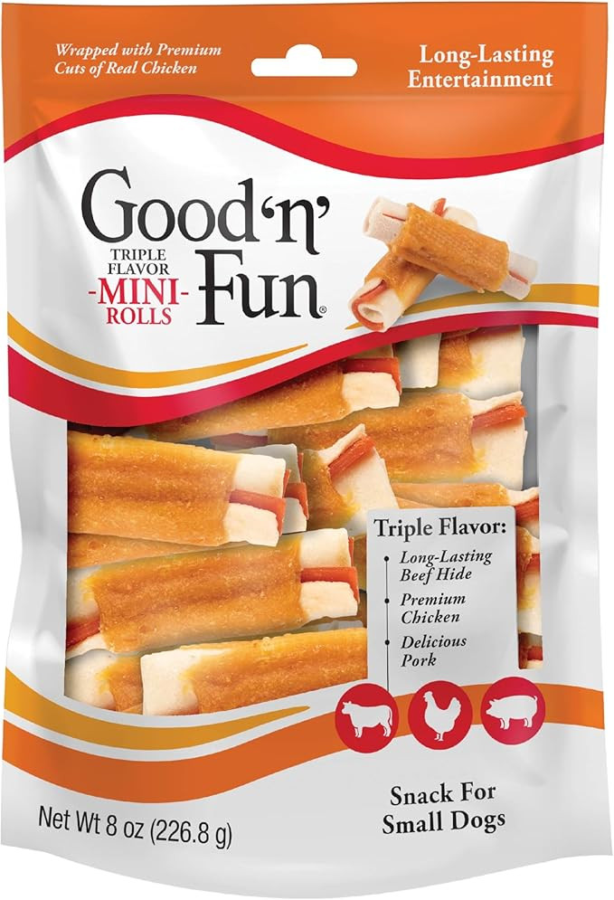 GOOD 'N' FUN Triple Flavor Mini Rolls, 8 Ounce, Treat Your Small Dog to a Long-Lasting Rawhide Ch... | Amazon (US)