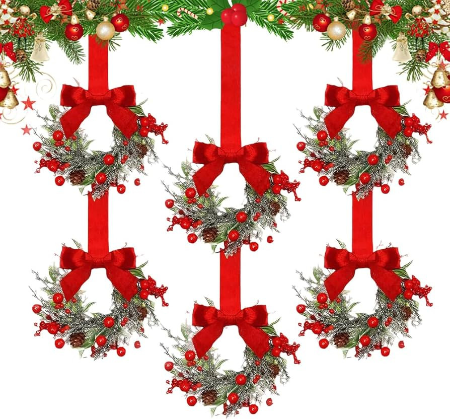 Small Christmas Wreath, 6 Pcs Mini Christmas Wreaths for Cabinets, Small Cabinet Wreaths for Kitc... | Amazon (US)