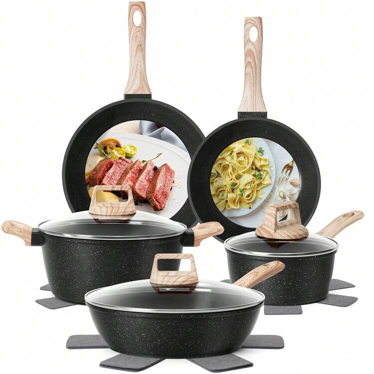 12 Pcs Nonstick Cookware Set - Induction Compatible Granite Coated Pots & Pans Kit With Frying Pans, Saucepans,Durable Aluminum Kitchen Set | SHEIN
