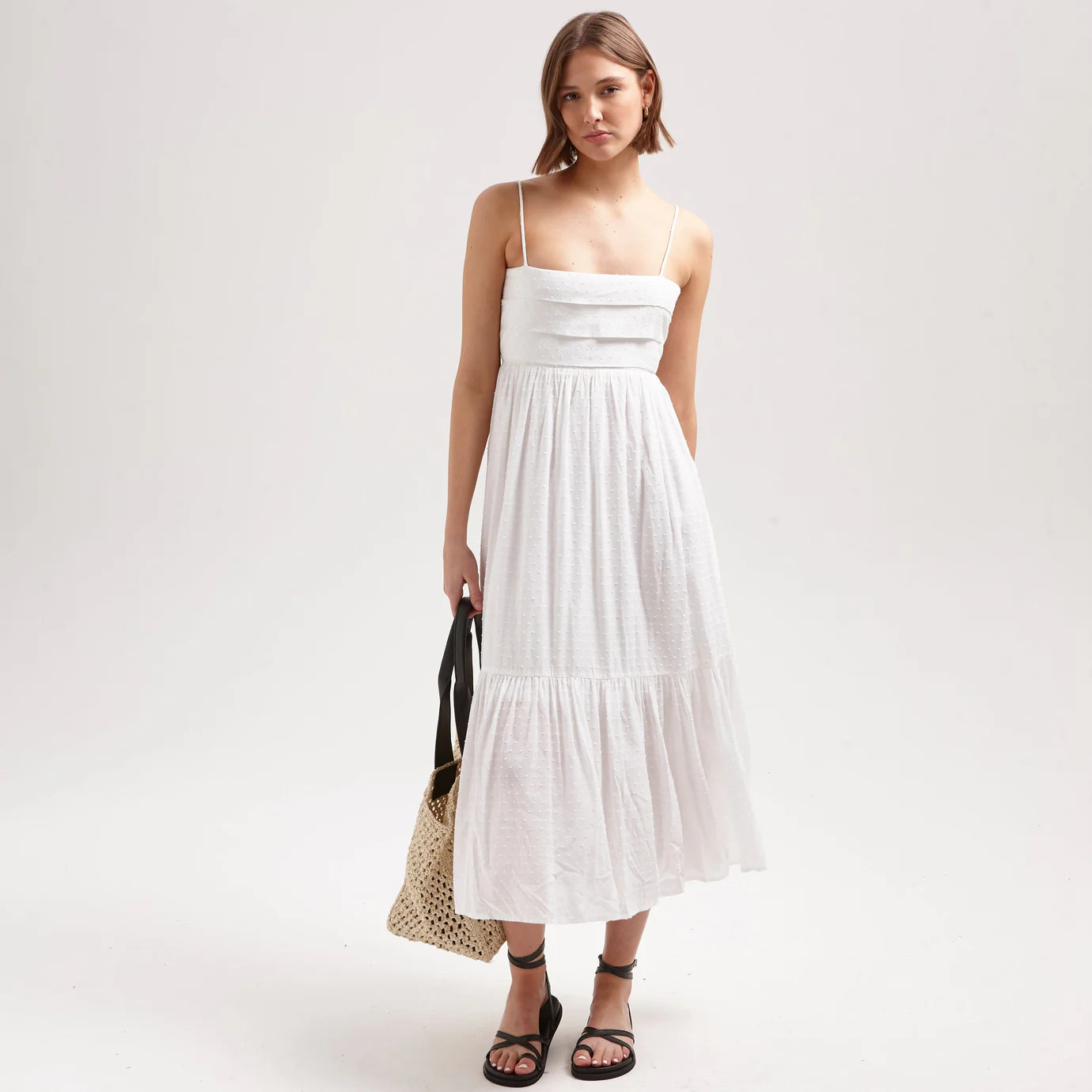 PLEATED TIE BACK MIDI DRESS - WHITE | WAT The Brand