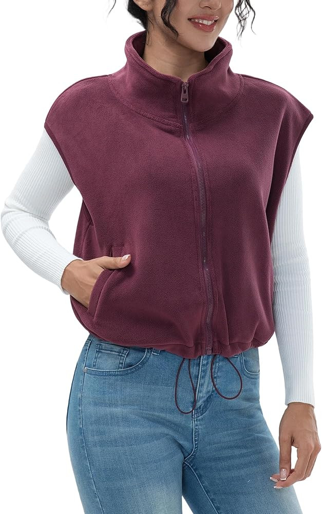 Women's Full Zip Fleece Short Vest Warm Winter Sleeveless Stand Collar Sherpa Crop Coat | Amazon (US)