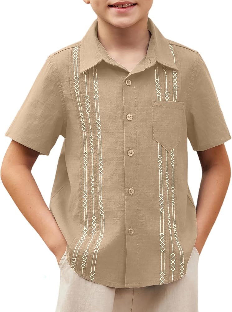 Arshiner Boys Guayabera Shirt Short Sleeve Cotton Linen Button Down Shirt Summer Beach Tops with ... | Amazon (US)