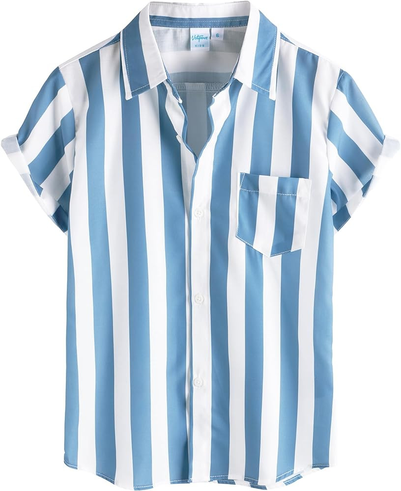 VATPAVE Boys Striped Button Down Shirt Short Sleeve Hawaiian Shirt Casual Summer Beach Shirts wit... | Amazon (US)