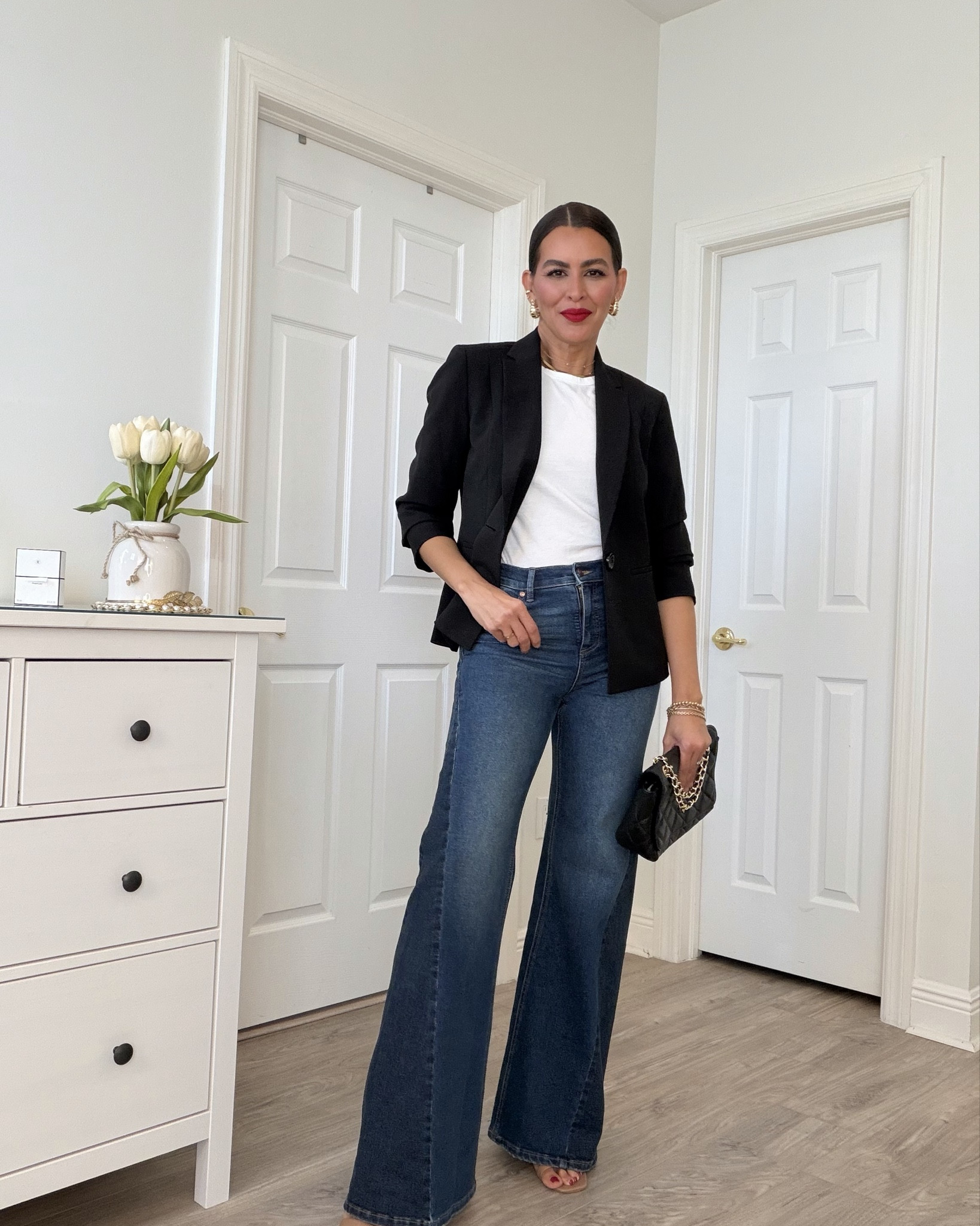 Scroll to shop👉🏼$25 Jeans in petite, regular and long. Size 2L in jeans. Size M in sweatshirt. Size 6 in blazer S Cropped jacket and in dress. 
Lipstick is Ruby woo with brick lipliner. 

#LTKootd #LTKOver40 #LTKSaleAlert