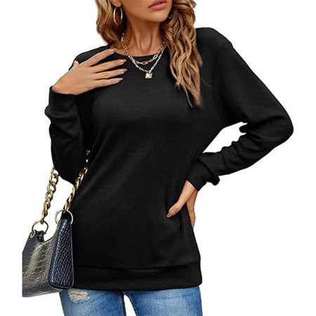 Long Sleeve Shirts for Women Women s shirt round neck casual blouse fashion solid color long sleeve Womens Tops Black S | Walmart (US)