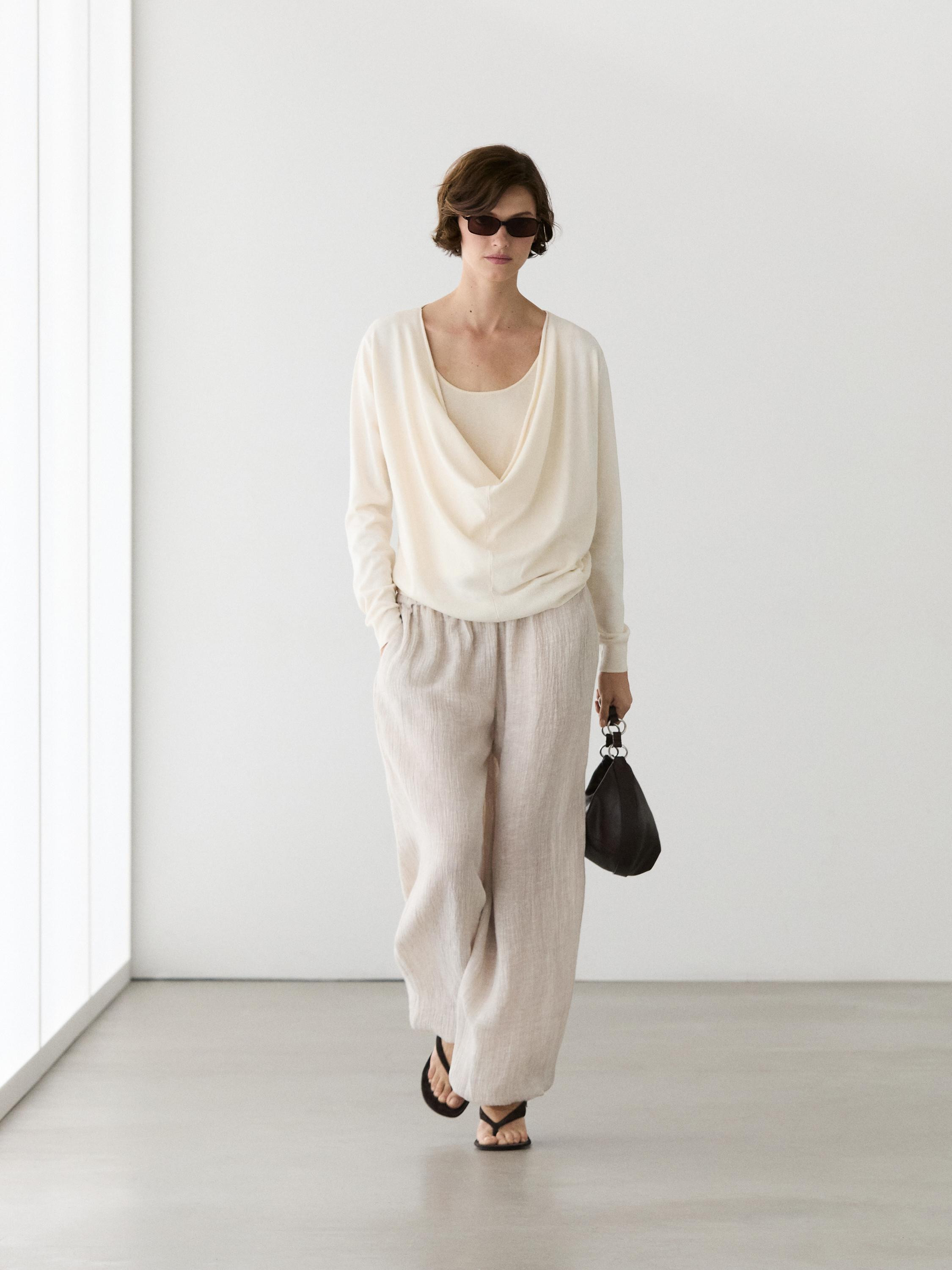 Pullover mit drapiertem Ausschnitt und Baumwolle | Massimo Dutti DE