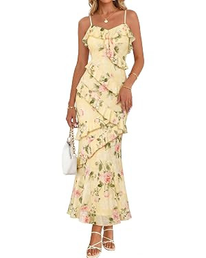 MEROKEETY Summer Floral Wedding Guest Maxi Dress Women 2026 Vacation Formal Bodycon Spaghetti Str... | Amazon (US)
