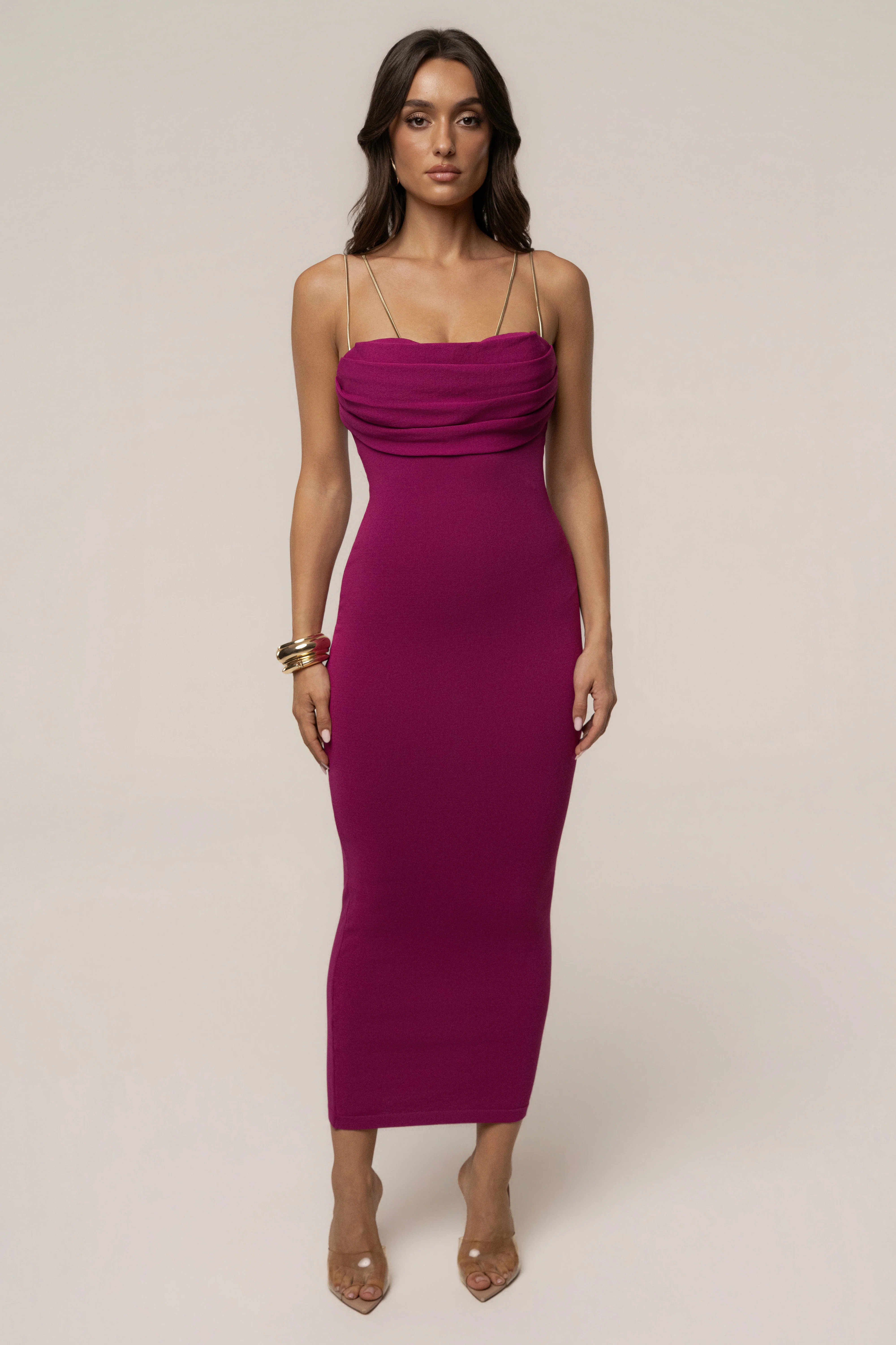 Fuchsia La Lune Drape Midi Dress | JLUXLABEL US