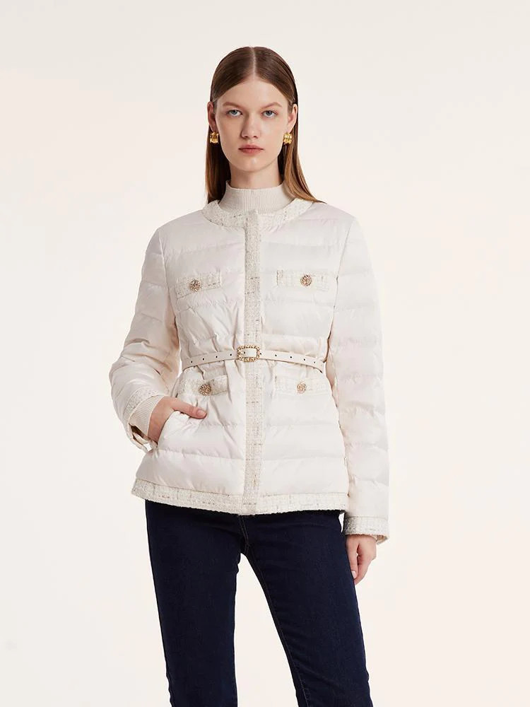 Tweed Zippered Short Goose Down Garment With Leather Belt | GOELIA