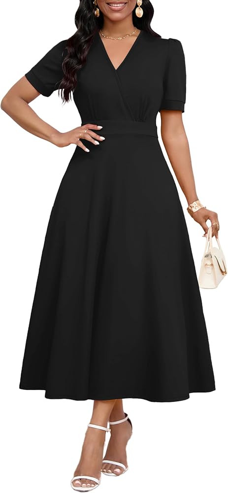 MarryUP Women's Midi Dresses - V Neck Cocktail & Church Tea Dresses - Short Sleeve A-Line Swing D... | Amazon (US)