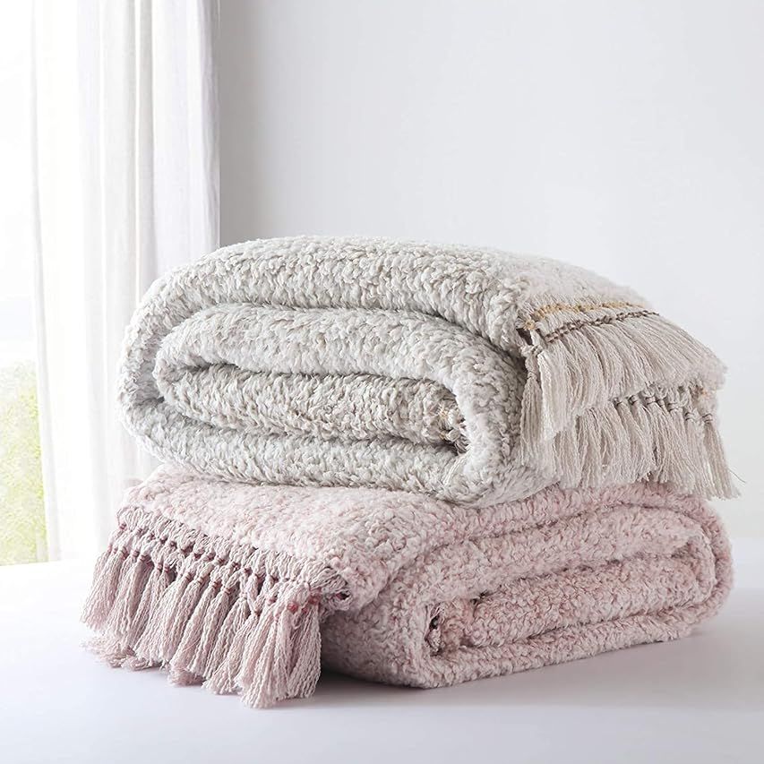 Ultra Soft Cozy Sherpa Throw Blanket, Light Weight Warm Decorative Throw Blanket with Tassel, 2 Tone | Amazon (US)