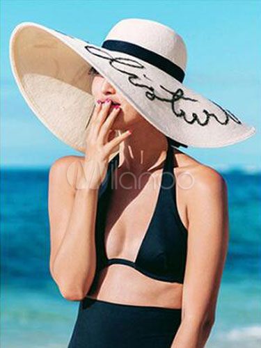 Women's Sun Hat Ecru White Letters Print Beach Hat | Milanoo