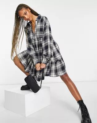 ASOS DESIGN trapeze mini shirt dress with pephem in navy check | ASOS (Global)