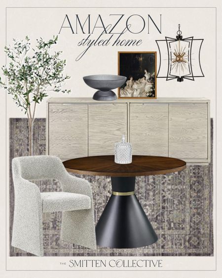 Amazon home decor includes dining chair, dining table, glass candy dish, fluted black glass fruit bowl, wall art, chandelier, area rug, faux tree.

Home decor, dining decor, moody dining decor, styled dining room, looks for less

#LTKfamily #LTKstyletip #LTKhome