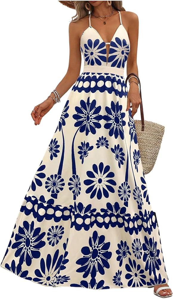 Floerns Women's Boho Floral Maxi Cami Dress Summer Criss Cross Backless Ruffle Flowy Vacation Dre... | Amazon (US)