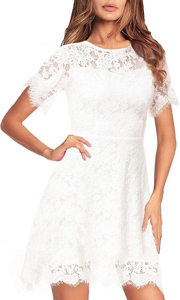 Women's Elegant Round Neck Wedding Guest Floral Lace Cocktail Party A Line Lace Dress | Amazon (US)