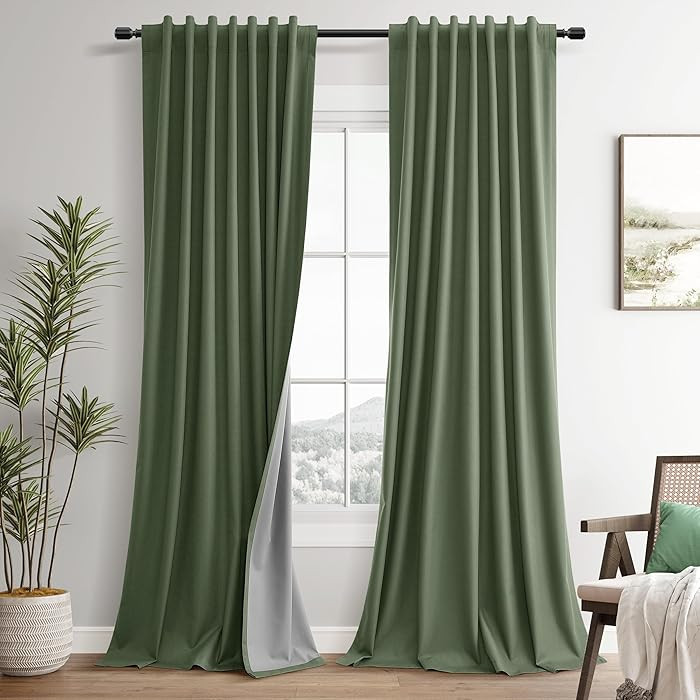 100% Blackout Olive Green Linen Curtains 84 Inch Length for Bedroom Black Out Light Blocking Gree... | Amazon (US)