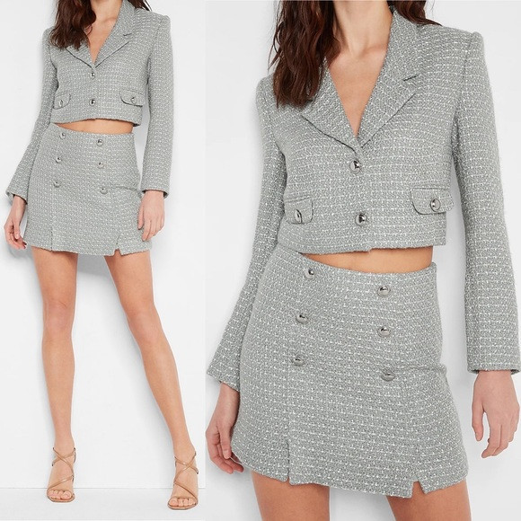 Express Tweed Metallic Cropped Button Front Blazer in Olive Silver Details | Poshmark