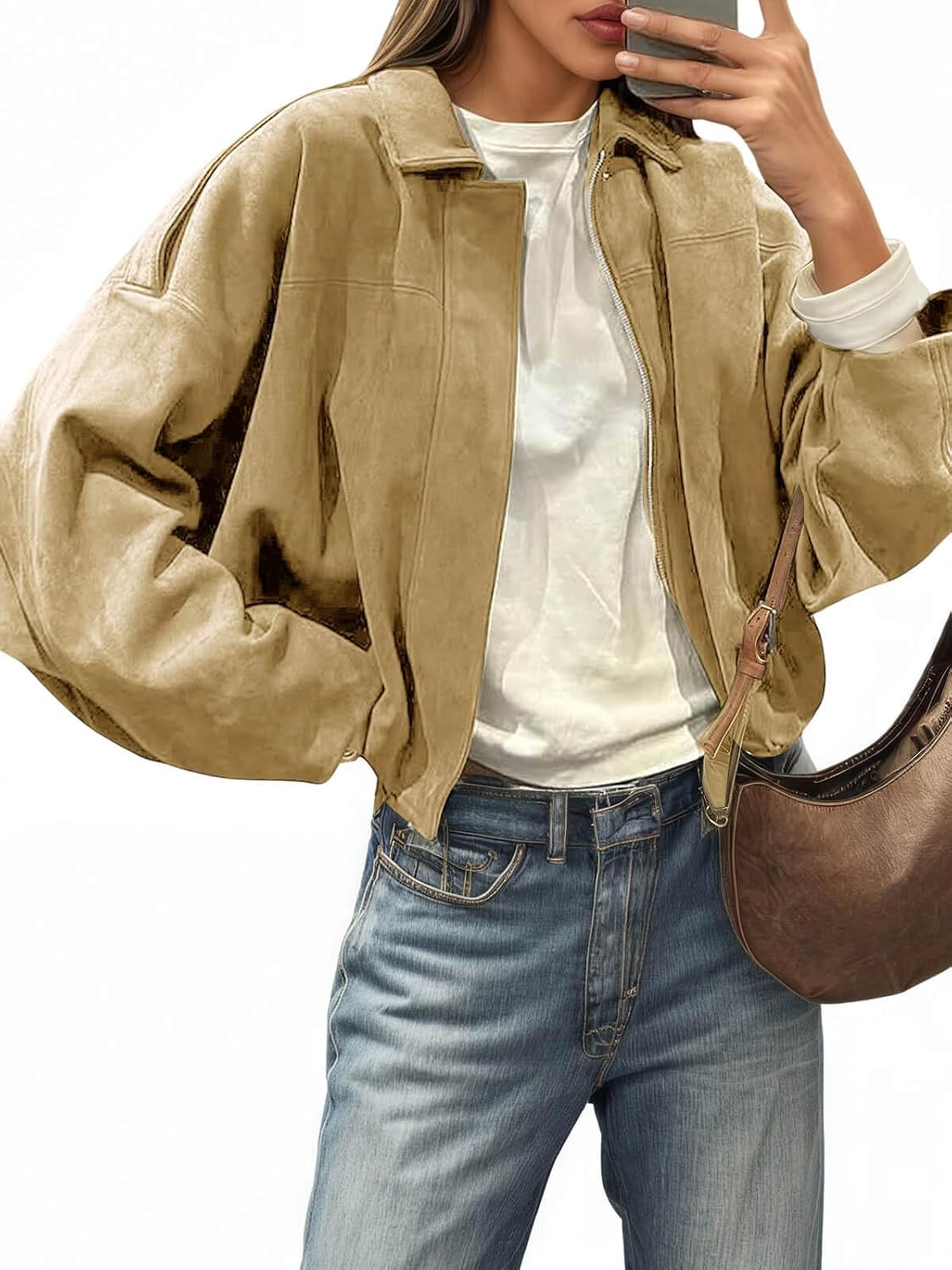 Cicy Bell Womens Faux Suede Bomber Jackets Oversized Cropped Zip Up Coats | Amazon (US)