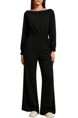 QINSEN Womens Boat Neck Long Sleeve Wide Leg Jumpsuit with Cinched Waist | Amazon (US)