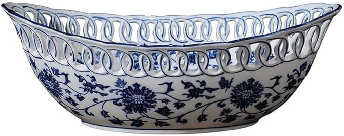 Blue and White Porcelain Fruit Bowl, Hand Painted Floral Retro Hollow Ceramic Fruit Tray Plate Di... | Amazon (US)