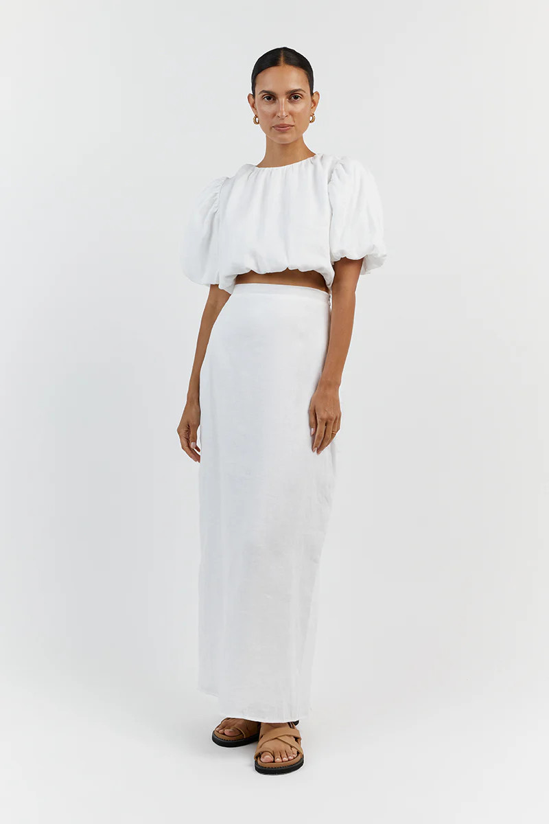 NAT WHITE GATHERED LINEN CROP TOP | DISSH