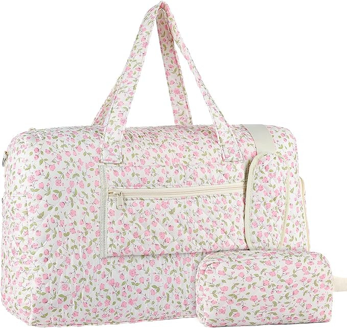 Large Pink Floral Quilted Duffle Bag, Coquette Floral Portable Gym Lightweight Weekender Bag for ... | Amazon (US)