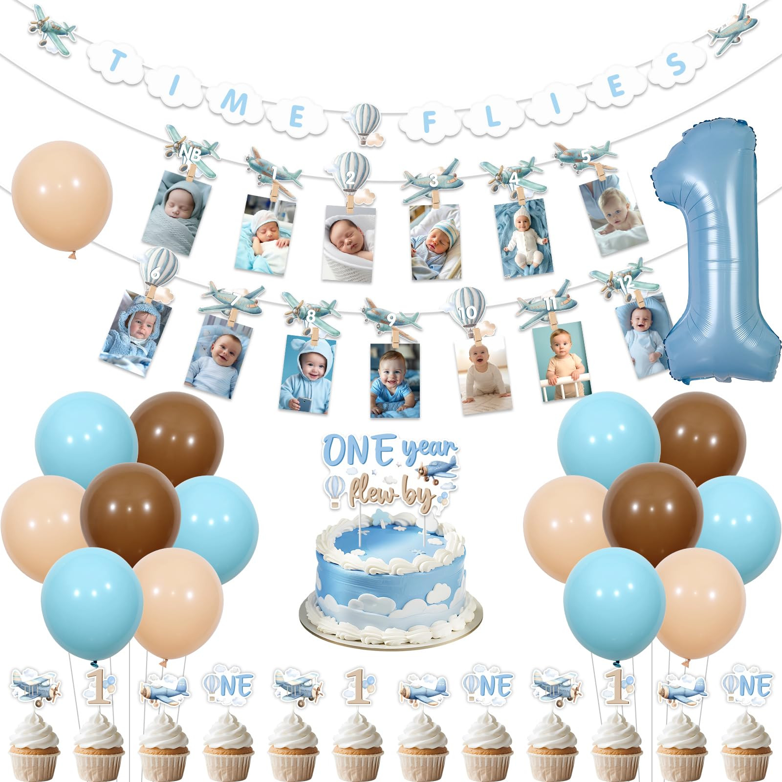 Kreatwow Airplane 1st Birthday Party Decoration Time Flies Banner Airplane 1st Birthday Photo Ban... | Amazon (US)