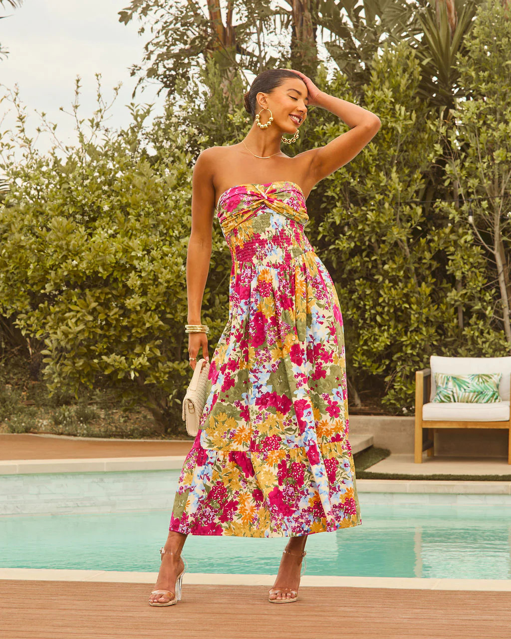 Lynelle Strapless Floral Smocked Midi Dress | VICI