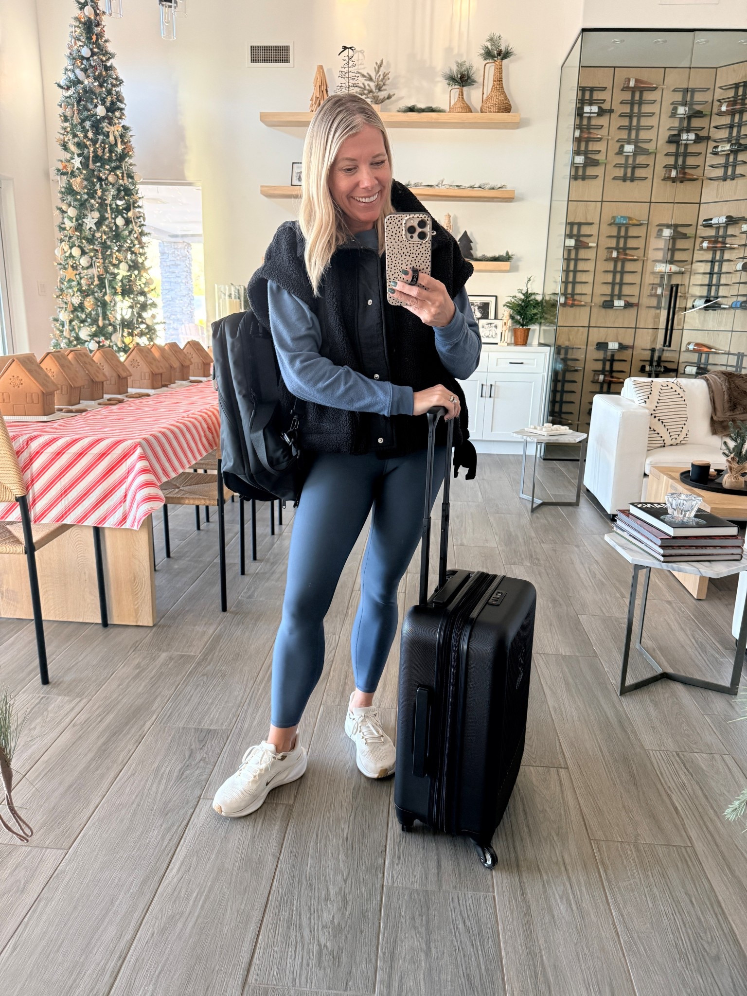 Sweaters and coats are big!! Size XS vest and alo top. Small leggings. Sneakers tts. This is the 22” carry on suitcase 

https://liketk.it/5EQeu

#LTKTravel #LTKOver40 #LTKootd