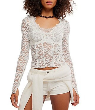 Free People All Night Sheer Floral Lace Scoop Neck Long Sleeve Scalloped Trim Top - L | Dillard's