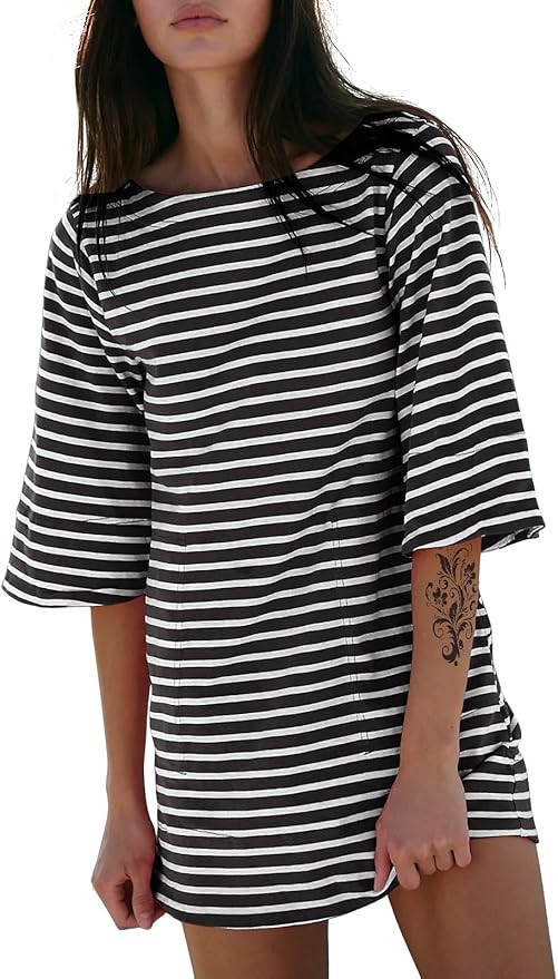 EXLURA Women's Summer T Shirt Dress Casual Short Sleeve Loose Striped Mini Dresses 2025 Vacation ... | Amazon (US)