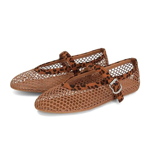 DOEYG Leopard Mesh Ballet Flats for Women Round Toe Mesh Mary Jane Flats Buckle Strap Comfy Casual Summer Fishnet Ballerina Shoes Size 8.5 | Amazon (US)