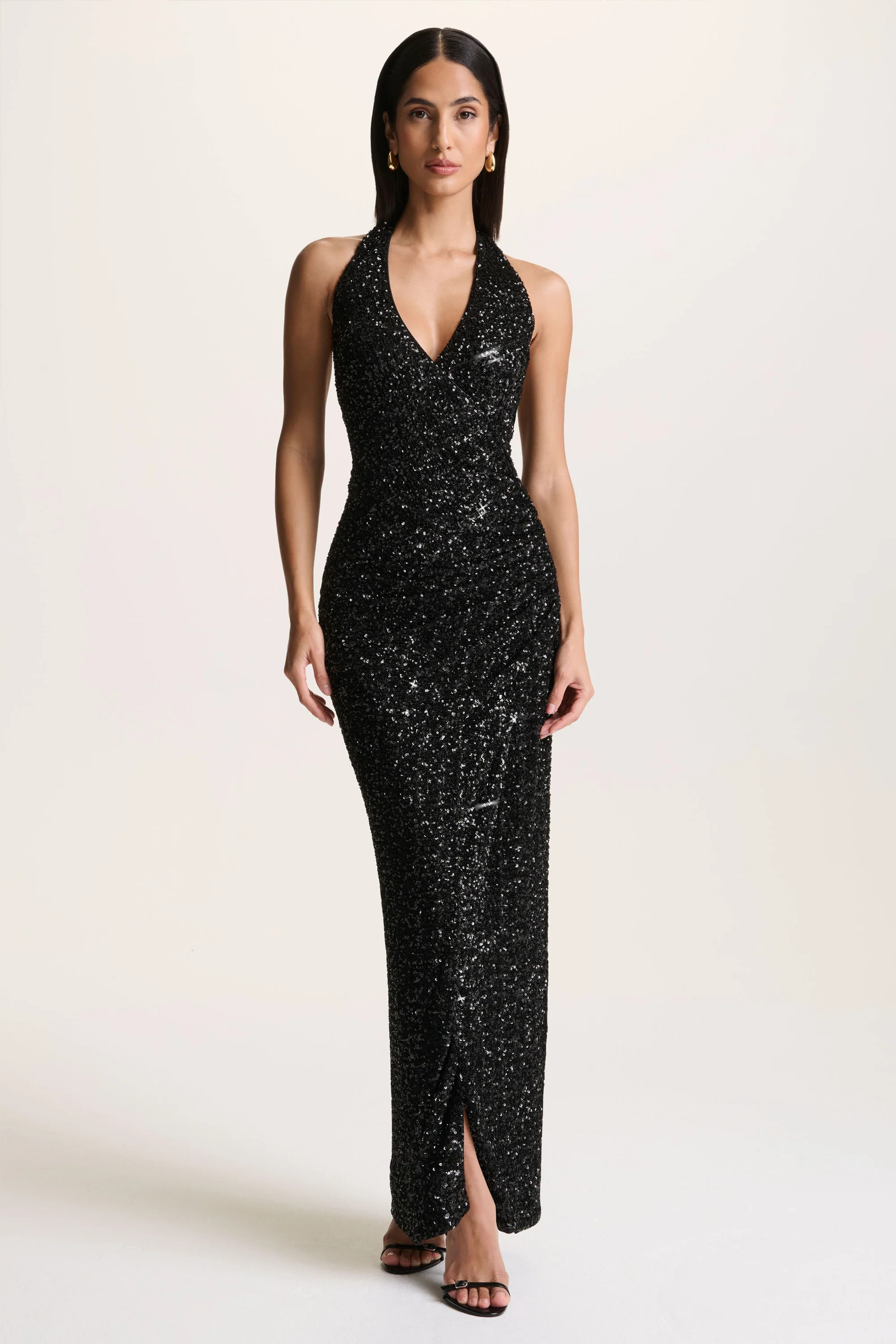Gio | Black Sequin Plunge-Neck Wrap Maxi Dress With Ruched Detailing | Club L London
