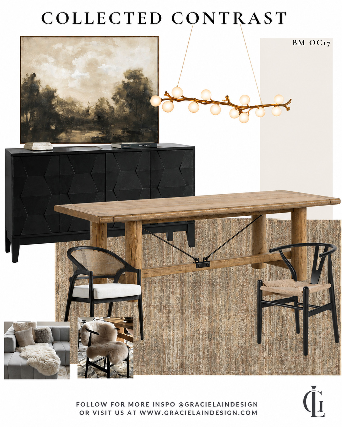 **COLLECTED CONTRAST**

Warm wood, deep black accents, soft texture, and a little old-world character — this dining room is all about contrast without feeling cold.

I love the mix of the natural wood table with the sculptural black sideboard, woven seating, vintage-inspired landscape art, and that gorgeous branch chandelier. It feels collected, comfortable, and elevated without being overly formal.

Shop the pieces from this look in my LTK. 🤎

#DiningRoomDesign #InteriorDesign #OrganicModern #TransitionalDesign #WarmModern #DiningRoomInspo #NeutralInteriors #HomeDecor #LTKHome #GracieLainDesign
 

 #LTKstorytime #LTKActive #LTKHome