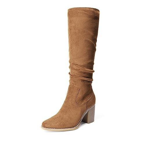 DREAM PAIRS Boots For Women Knee High, Comfortable Chunky Block Heel Pointed Toe Pull On Side Zipper Suede Slouch Riding Boots, Camel, Size 11, Sdkb2308w | Amazon (US)