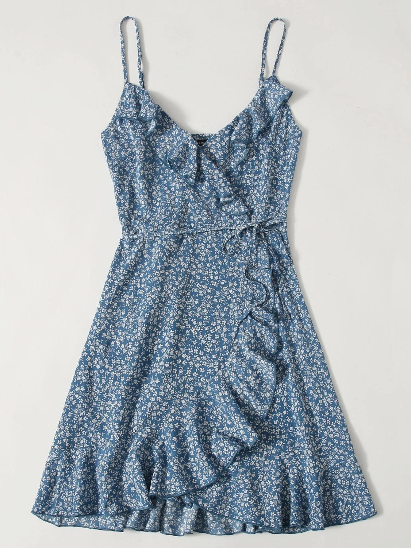 SHEIN Ruffle Trim Wrap Tie Side Ditsy Floral Slip Dress | SHEIN