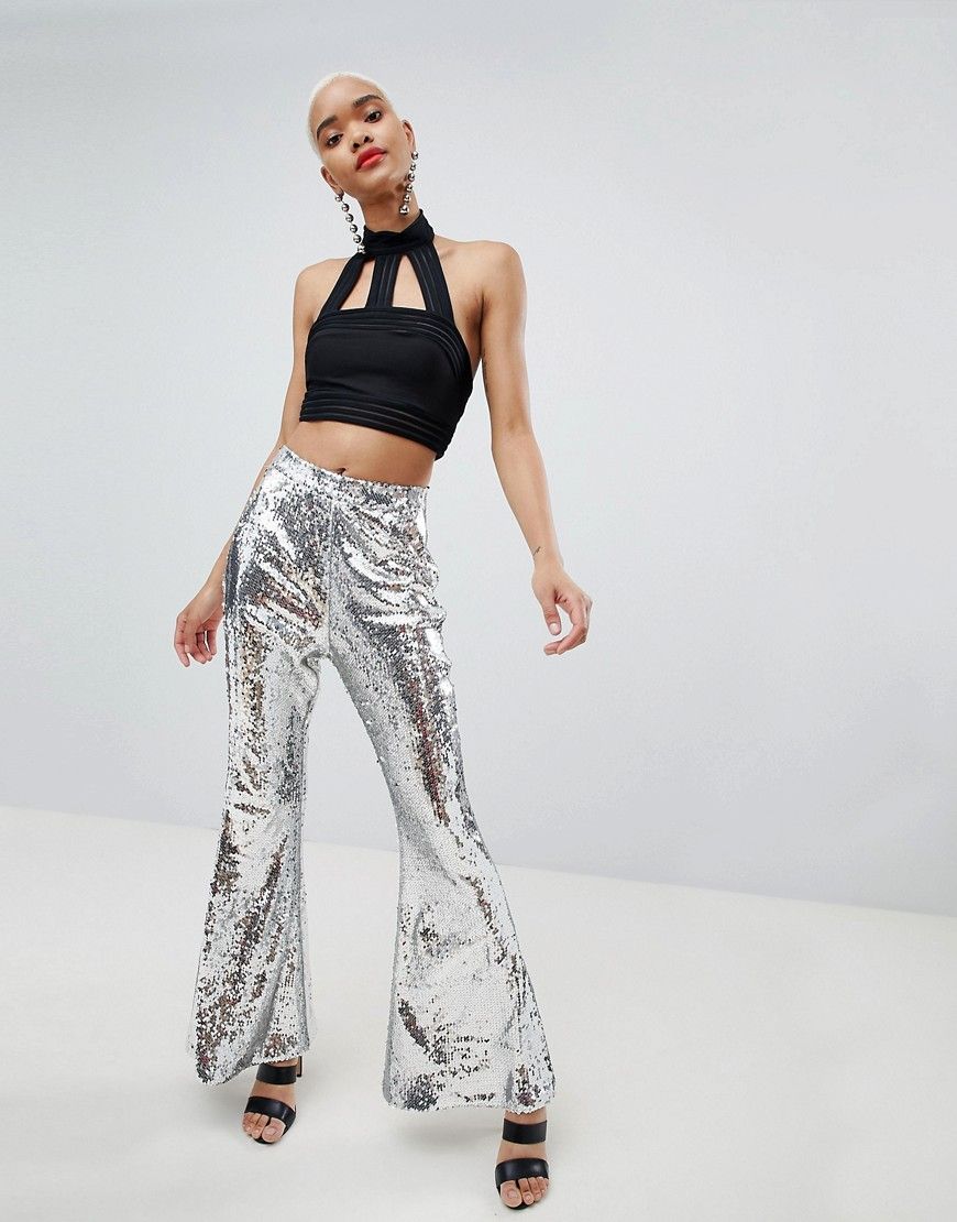 Lasula sequin flared PANTS in silver - Silver | ASOS US